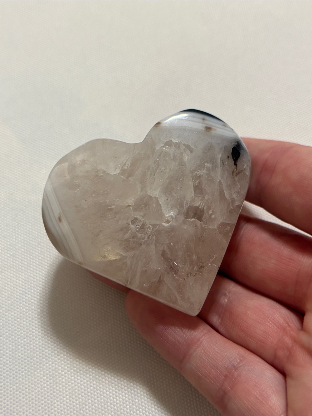 Heart-Shaped Clear Quartz Crystal Palm Stone - White